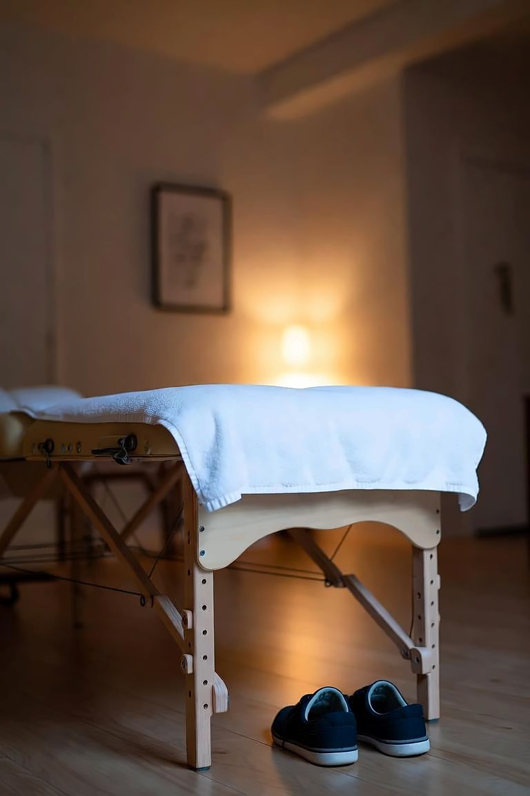 Maca de terapia com toalha branca sob luz quente, no Studio 144.